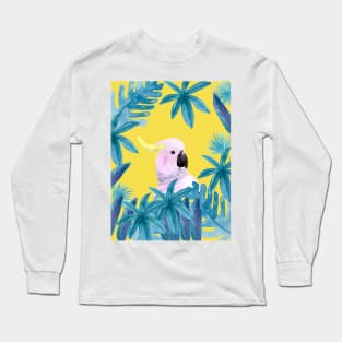 Cockatoo with tropical leaves in watercolor and a yellow background Long Sleeve T-Shirt